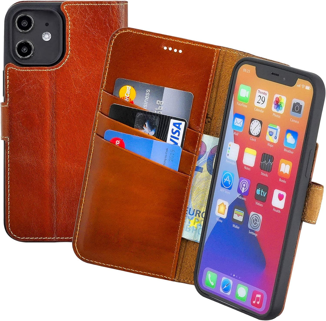Suncase Book-Style Hülle kompatibel mit iPhone 12 (6.1") Leder Tasche (Slim-Fit) Lederhülle Handytas