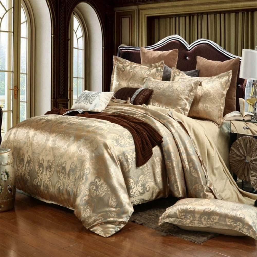 DXHOME Bettwäsche 200x220 cm Set Satin Bettbezug Set Golden Gelb Jacquard Stickerei Blumenmuster Sei