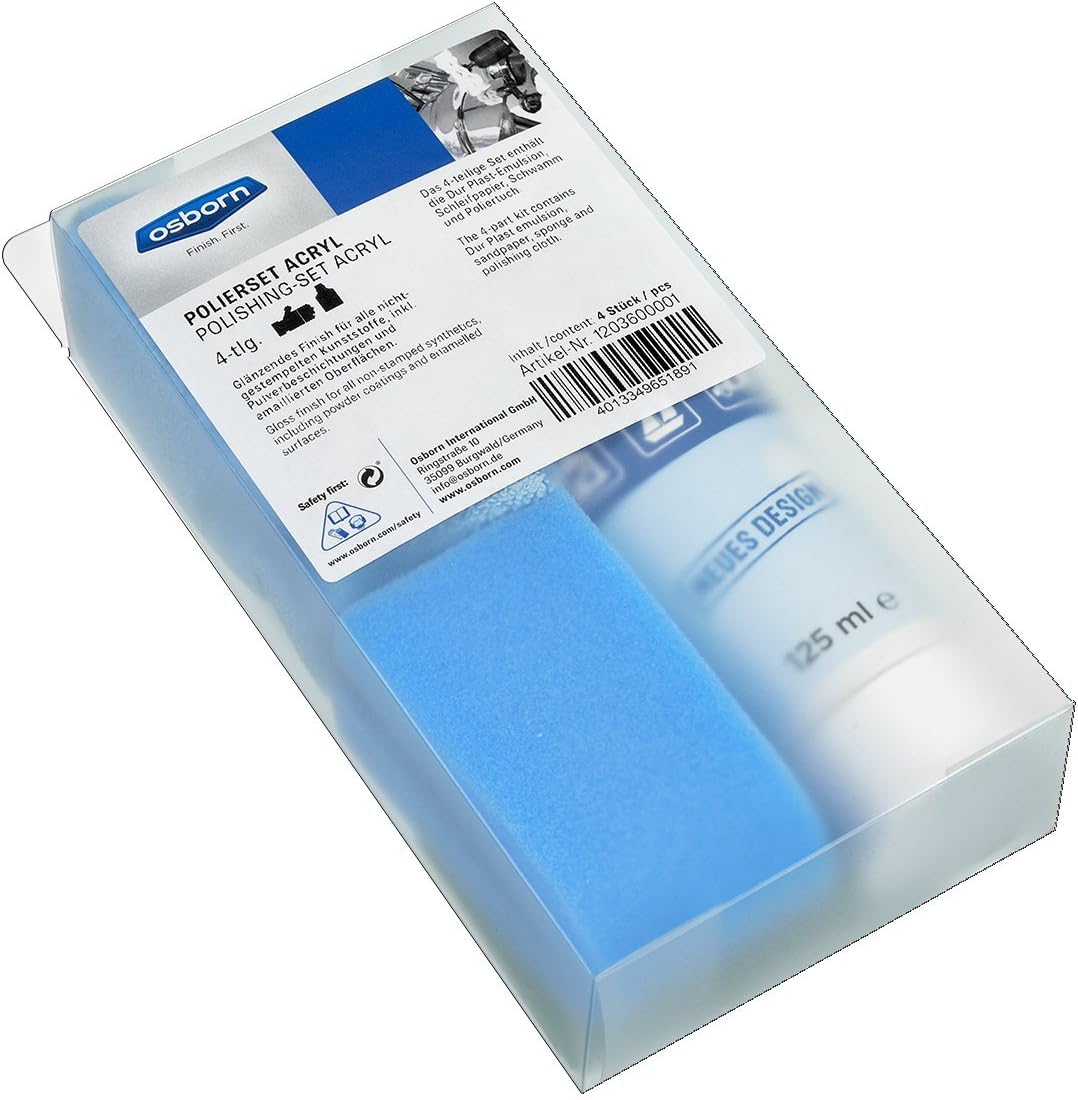 Osborn 1203600001 Polierset 4-teilig Profi Acryl, je 1 Stück, Tube Polieremulsion, Schleifpapier, Sc