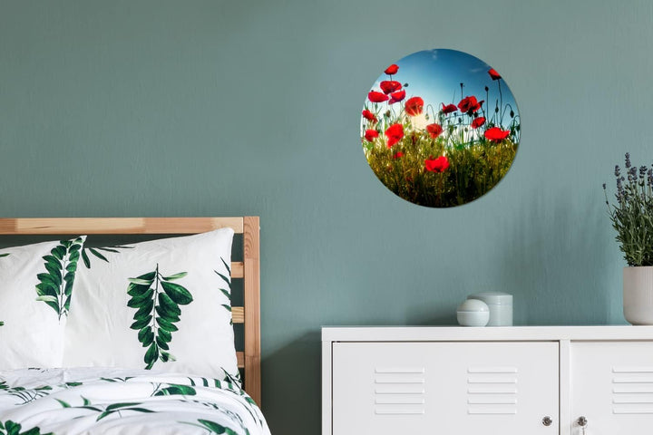 MuchoWow Wandbild Rund Wanddeko Deko Wohnzimmer Bilder 30x30 cm Mohnblumen - Toskana - Sonne - Rot -