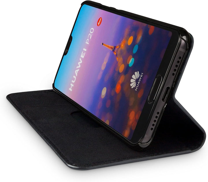 WIIUKA Echt Ledertasche -TRAVEL- für Huawei P20 mit Kartenfach, extra Dünn, Tasche Schwarz Premium D