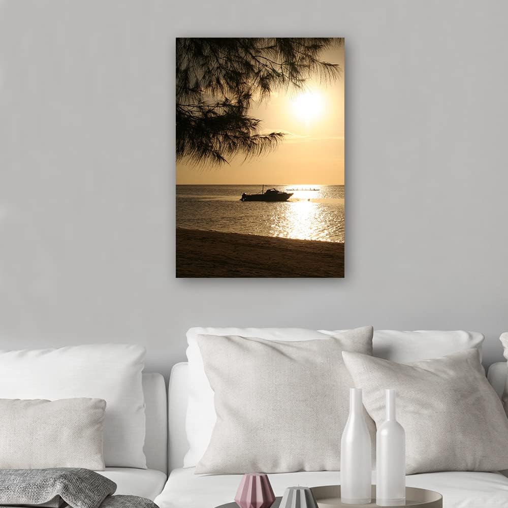 Feeby Vlies Leinwandbild Wellen Boot Strand 60x90 cm Druckbild Wandbild Wanddekoration Deko Wand Aes