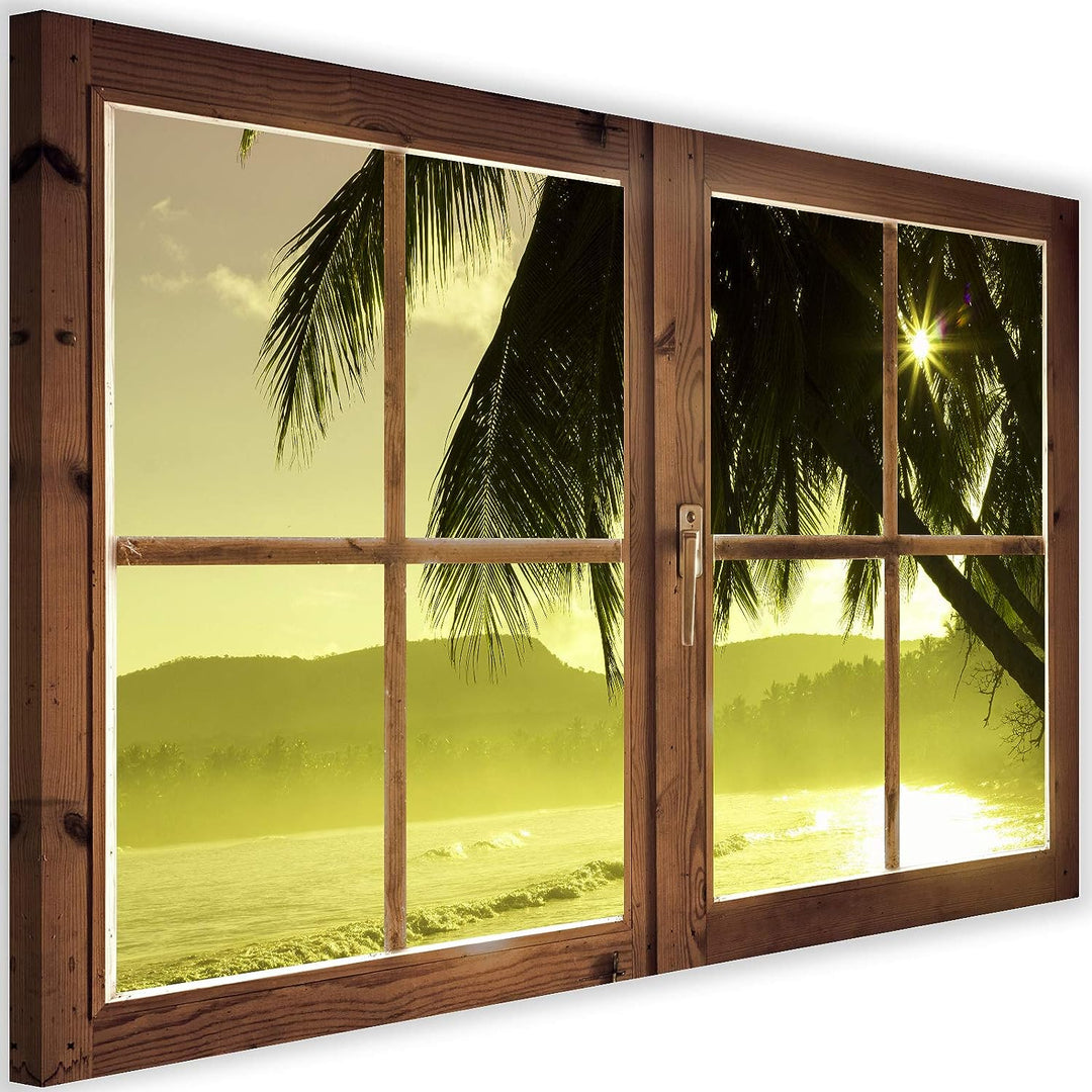 Febby Vlies Leinwandbild XXL Geschlossenes Fenster 3D-Illusion Tropen 120x80 cm Wandbild Kunst Bilde