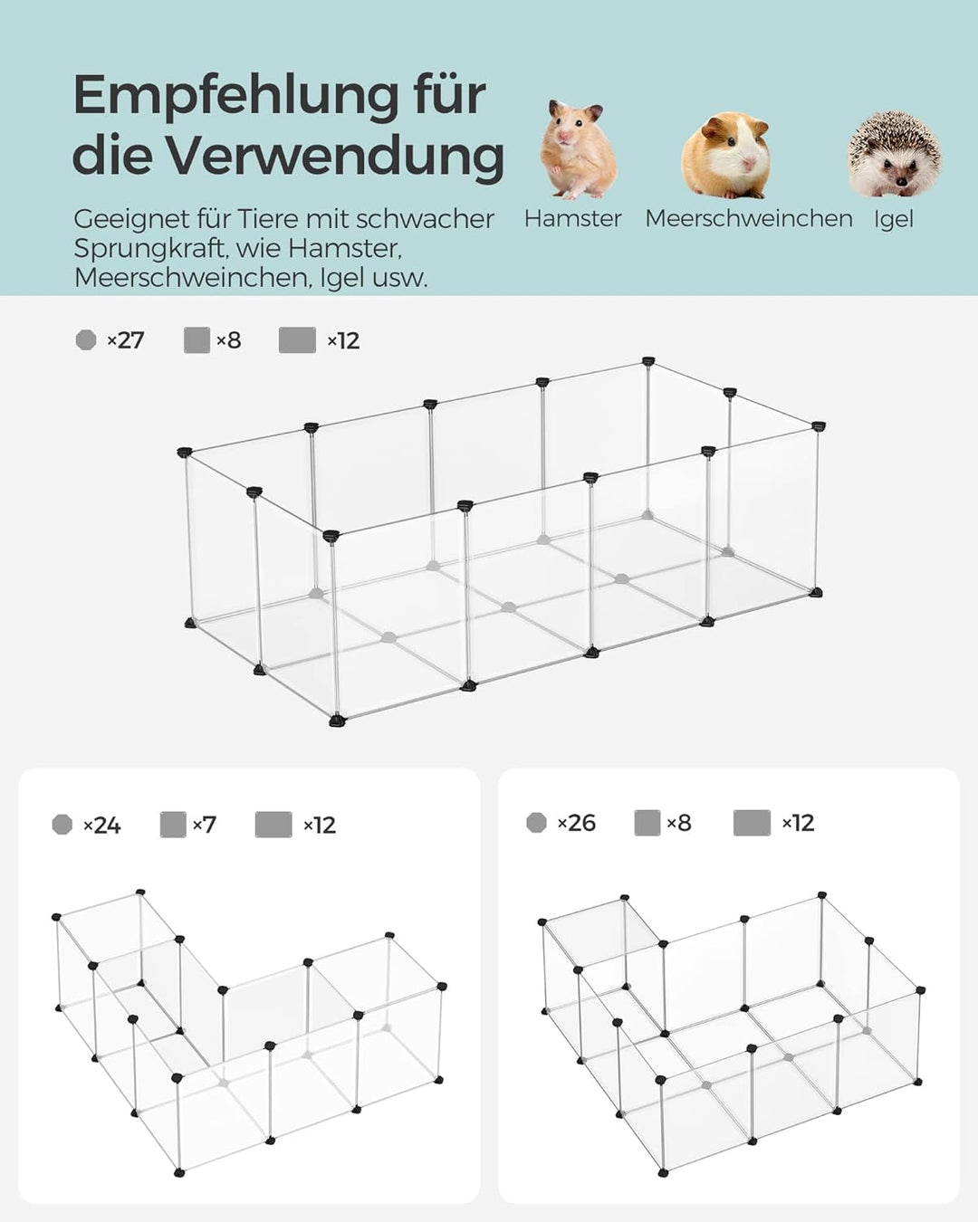 SONGMICS Freigehege mit Bodenplatten, Laufstall, Meerschweinchen Gehege, aus Kunststoff, Gehege für