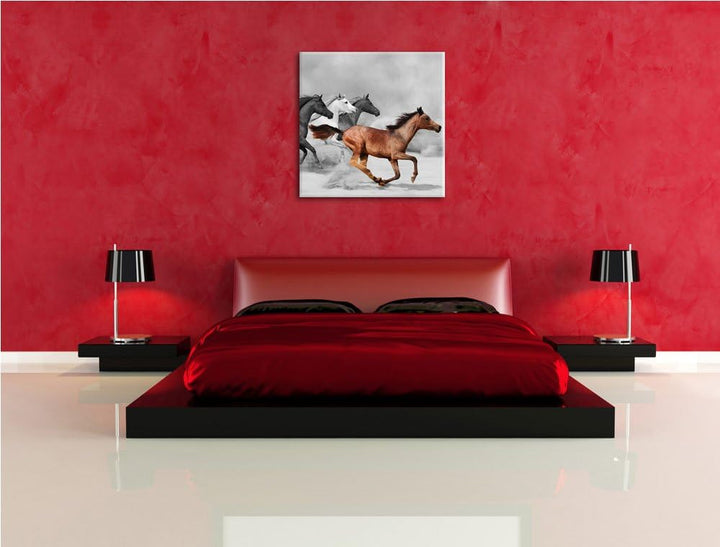 Pixxprint Mustangs in der Wüste als Leinwandbild Quadratisch/Grösse: 70x70 / Wandbild/Kunstdruck/fer