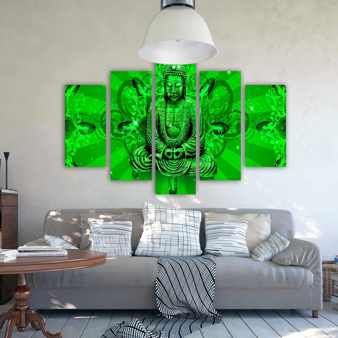 Wanddeko XXL Abstraktion Leinwandbild 5 Teilig Buddha Feng Shui Zen grün 100x70 cm Leinwandbild 100x
