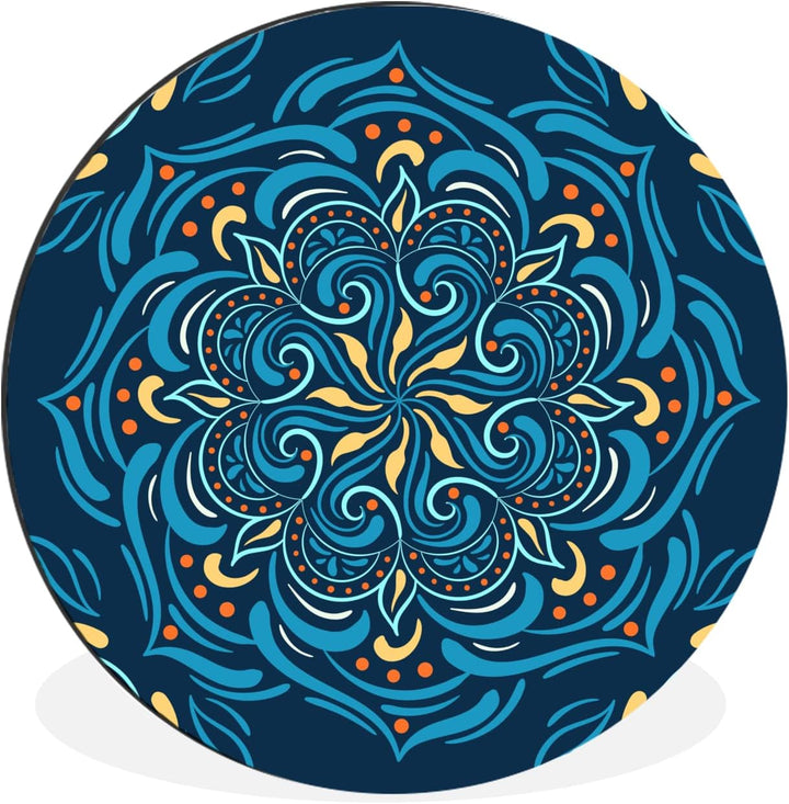 Wandbild Rund Wanddeko Deko Wohnzimmer Bilder 30x30 cm Mandala - Blau - Gelb - Muster, 30x30 cm