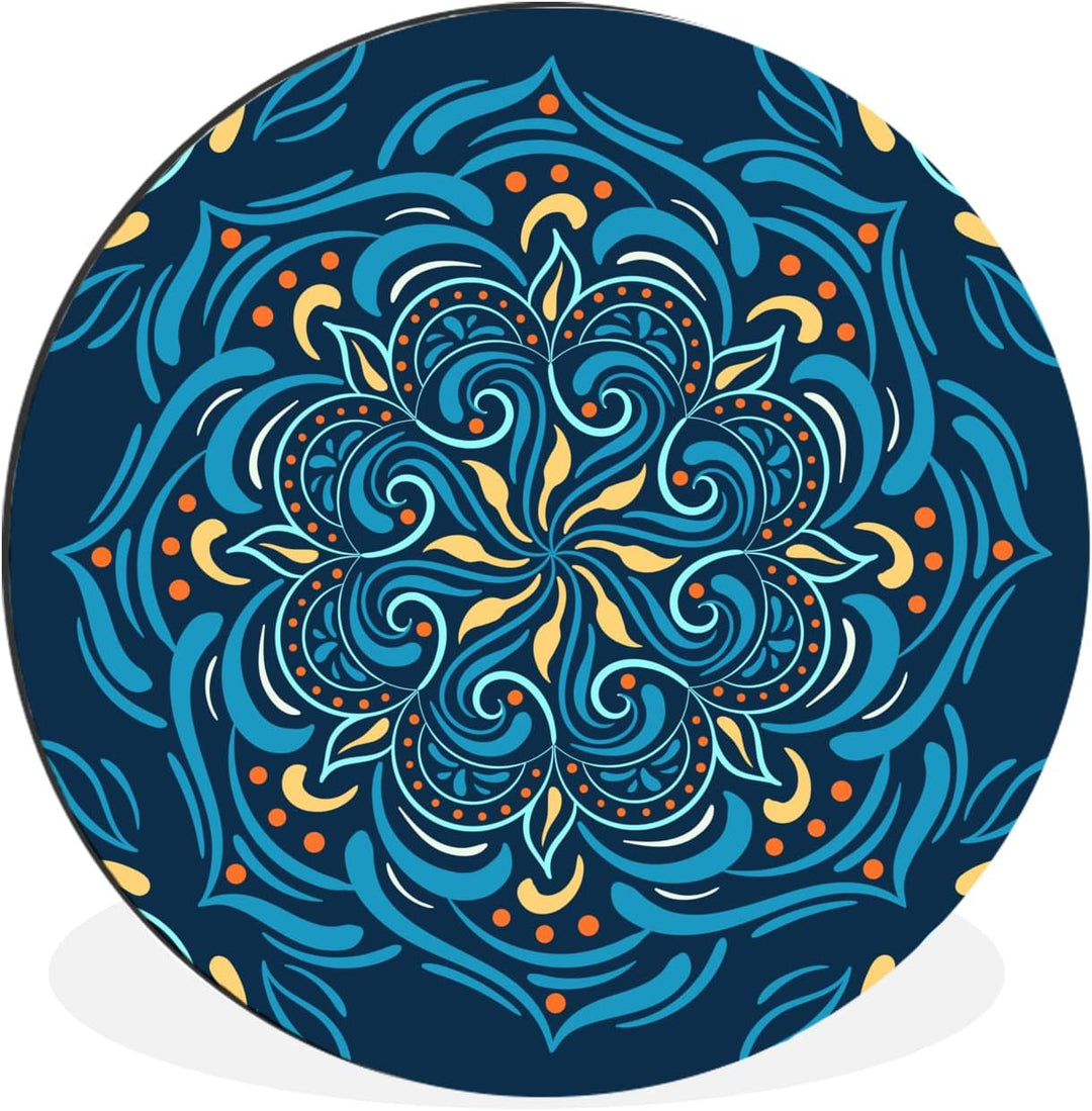 Wandbild Rund Wanddeko Deko Wohnzimmer Bilder 90x90 cm Mandala - Blau - Gelb - Muster 90.00 x 90.00