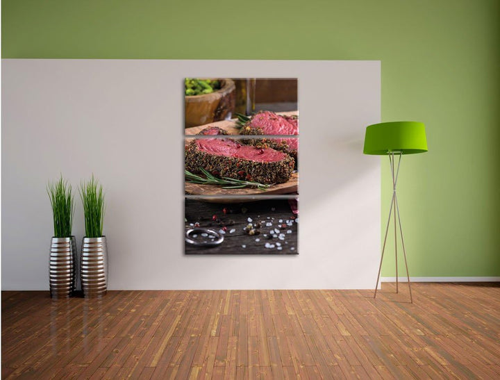 Pixxprint Leckeres Steak als Leinwandbild - Grösse: 3-Teilig (120x80cm) - Wandbild - Kunstdruck - fe