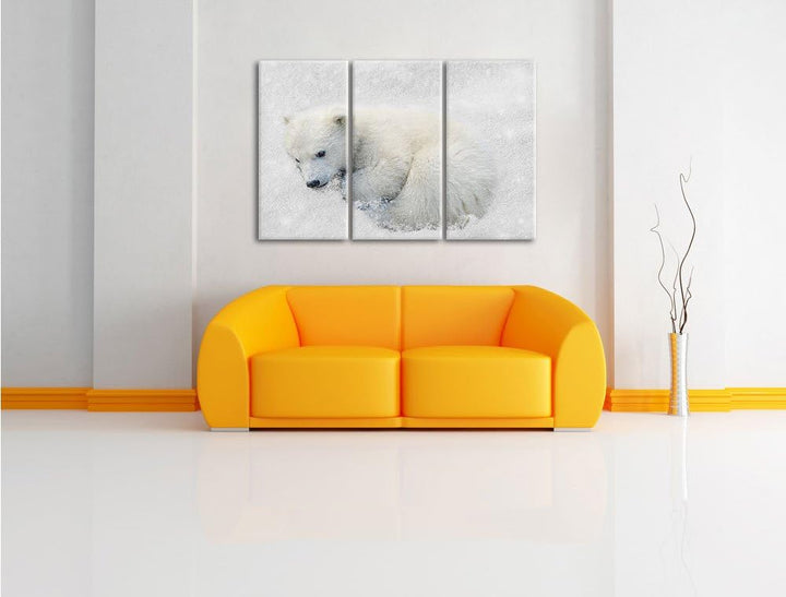 Pixxprint Eisbär im Schnee als Leinwandbild/Grösse: 3 Teilig (120x80) cm/Wandbild/Kunstdruck/fertig