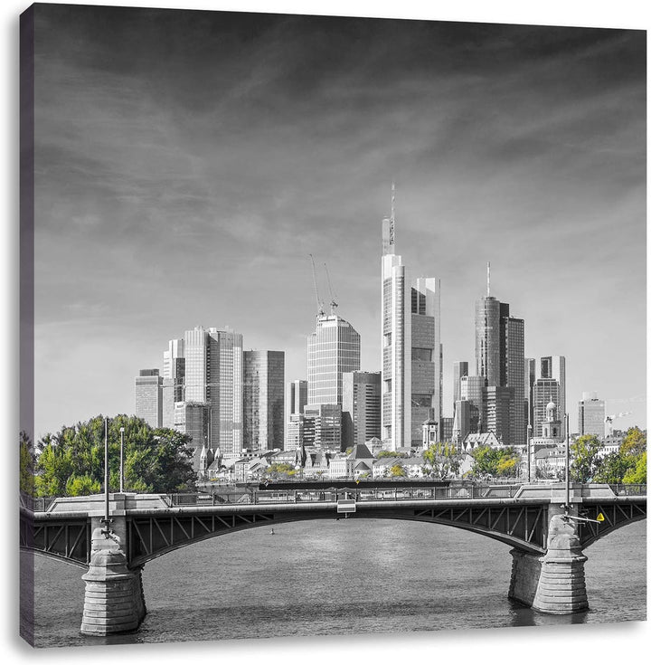 Pixxprint schöne Skyline von Frankfurt am Main schwarz/weiss, Format: 70x70 auf Leinwand, 70x70