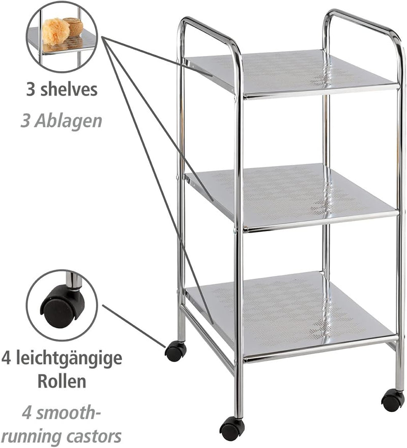 WENKO Badwagen Sando, Haushaltswagen mit 3 Ablagen, rollbarer Küchenwagen aus verchromtem Stahl, Fle