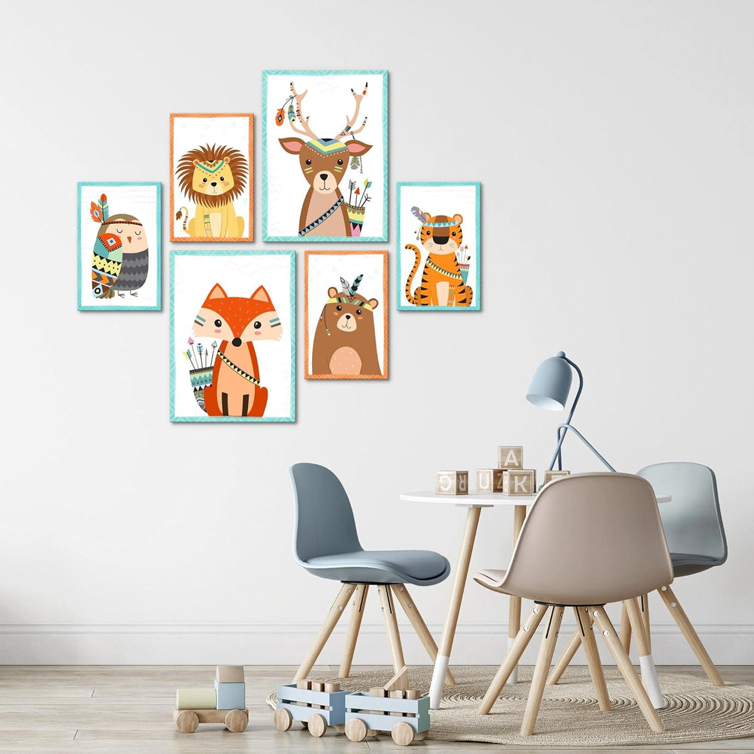 Novart Bilder Set - AUFHÄNGFERTIG - KEIN EXTRA RAHMEN BENÖTIGT - Tiere Modern Indianer - Kinderzimme