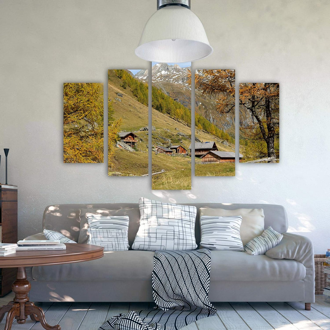 Feeby Wanddeko XXL Landschaft Leinwandbild 5 Teilig Bergdorf Bäume Natur bunt 250x120 cm Leinwandbil