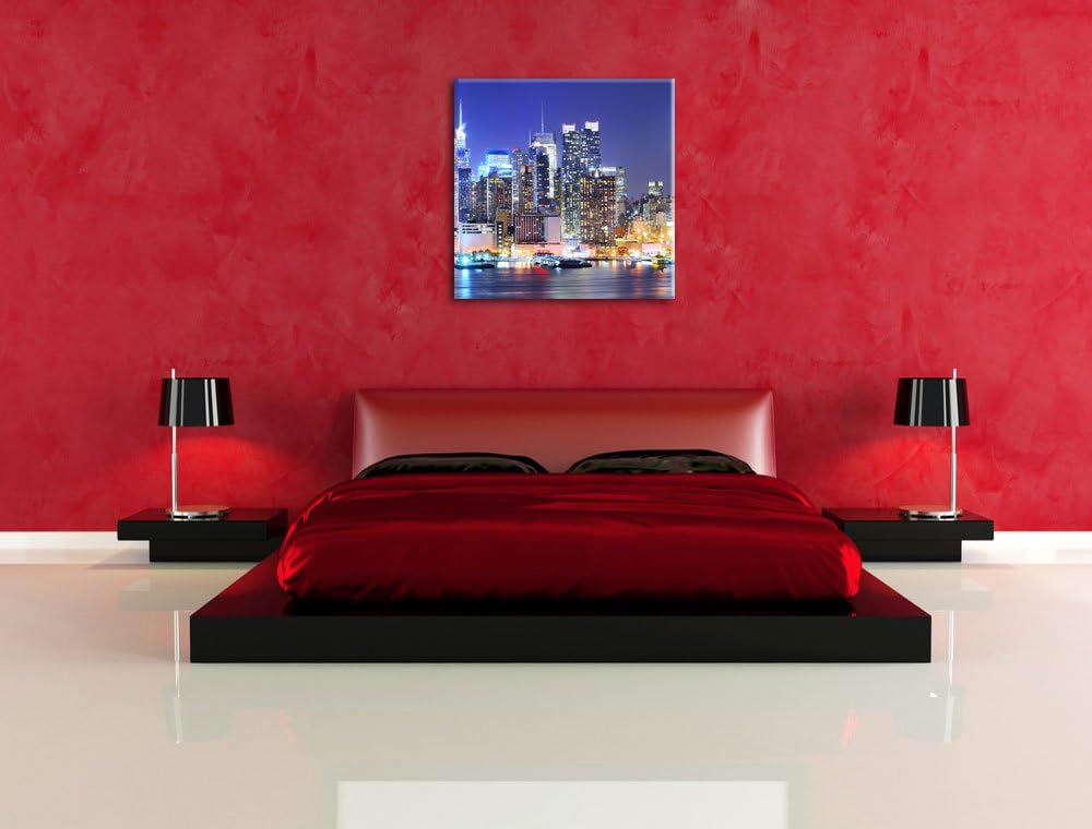 Pixxprint New York City Skyline Brücke bei Nacht, Format: 70x70 auf Leinwand, 70x70