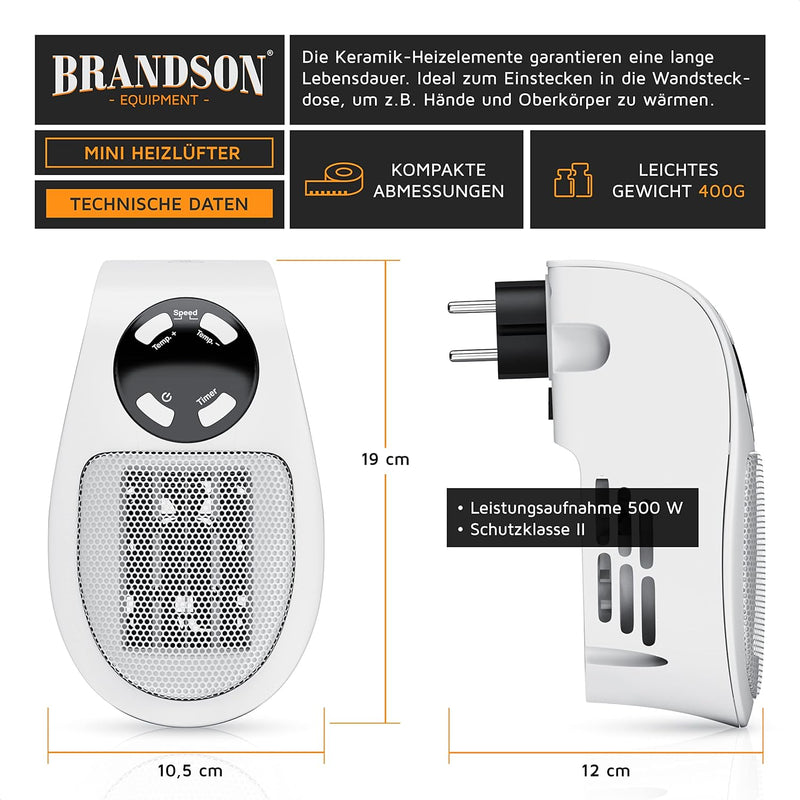 CSL - Steckdosen Heizlüfter mit Fernbedienung - Mini Keramik Heizung mit Thermostat - Lüfter 500W -