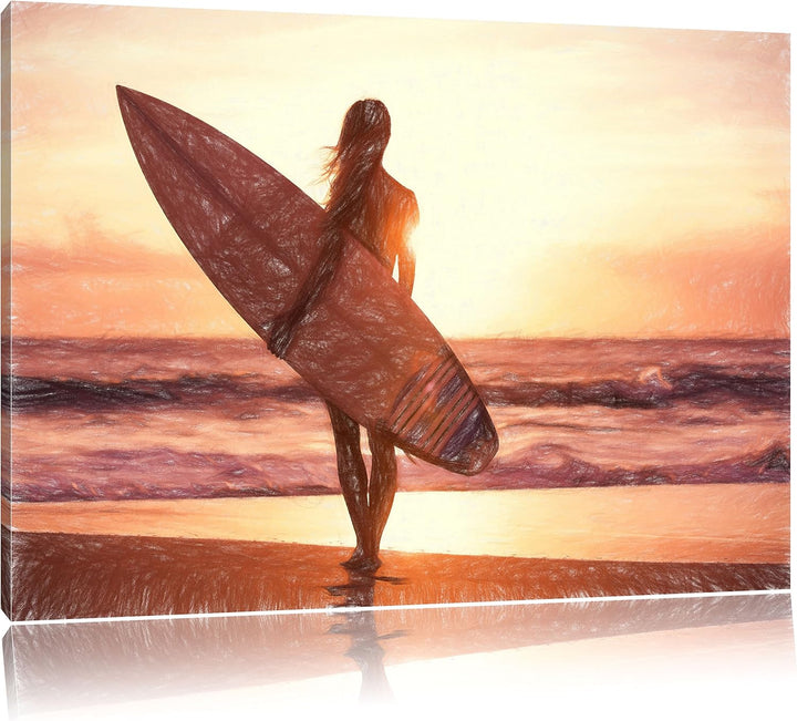 Pixxprint Surferin vor Sonnenuntergang als Leinwandbild/Grösse: 100x70 cm/Wandbild/Kunstdruck/fertig