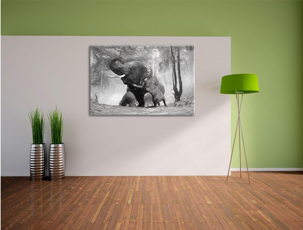 Pixxprint EIN Mönch mit Elefanten im Wald Kunst Kohle Effekt, Format: 100x70 auf Leinwand, XXL riesi