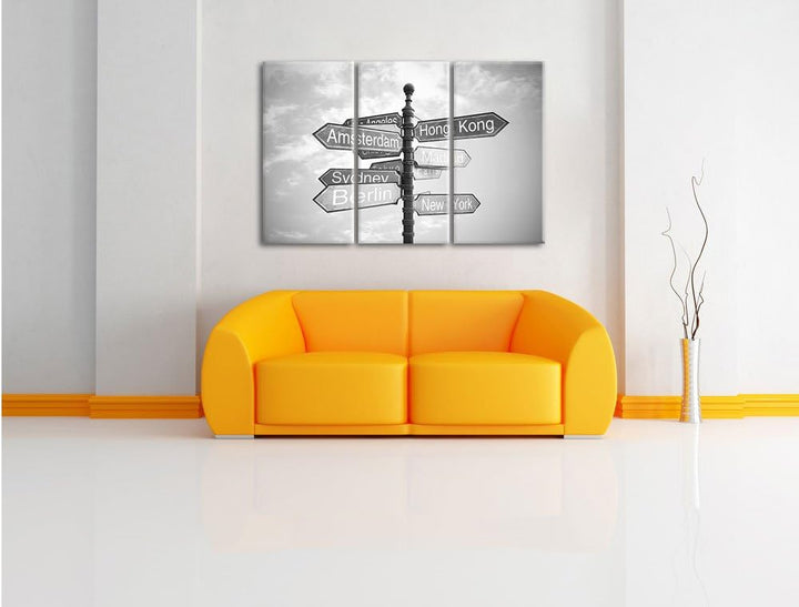 Pixxprint Städte Wegweiser Kunst B&W als Leinwandbild | Grösse: 3 Teilig (120x80) | Wandbild| Kunstd