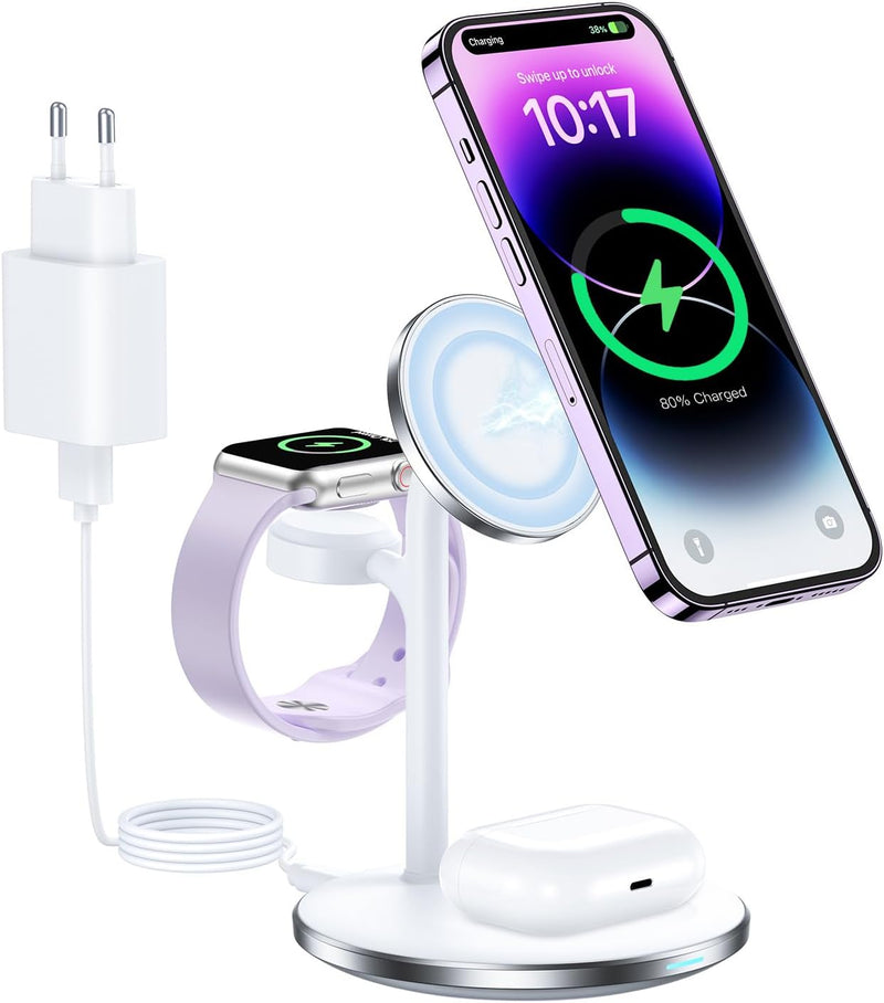 3 in 1 Wireless Charger, 15W Magnetische Induktive Ladestation mit Adapter, MagSafe Kabelloses Ladeg