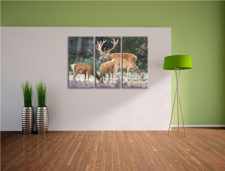 Hirschfamilie auf Waldlichtung NewArt 3-Teiler Leinwandbild 120x80 Bild auf Leinwand, XXL riesige Bi