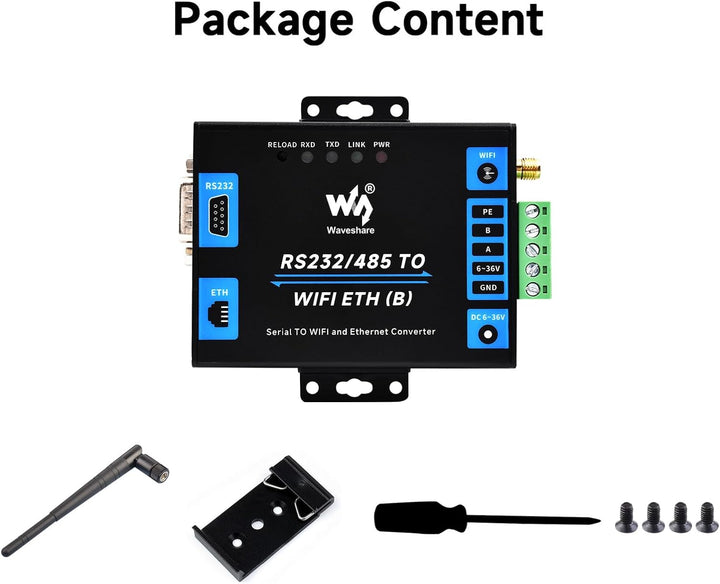 Waveshare Industrial Grade Serial Server RS232/485 to WiFi and Ethernet, Modbus Gateway, MQTT Gatewa