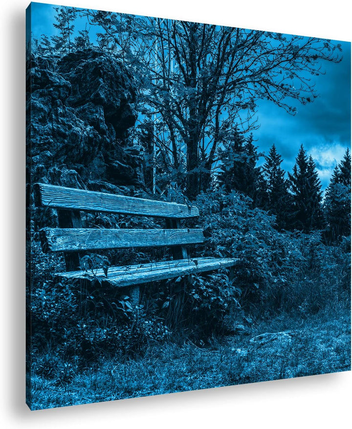 deyoli einsame Bank am Waldrand Format: 70x70 Effekt: Monocrome Blau als Leinwandbild, Motiv fertig