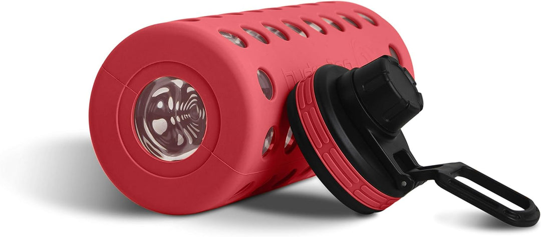 hydro2go® Trinkflasche aus Glas mit Silikonhülle 950 ml - spülmaschinenfest | 2 auswechselbare Decke