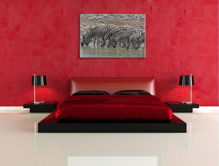 Zebraherde am Wasserloch Leinwand, XXL riesige Bilder fertig gerahmt mit Keilrahmen, Kunstdruck auf