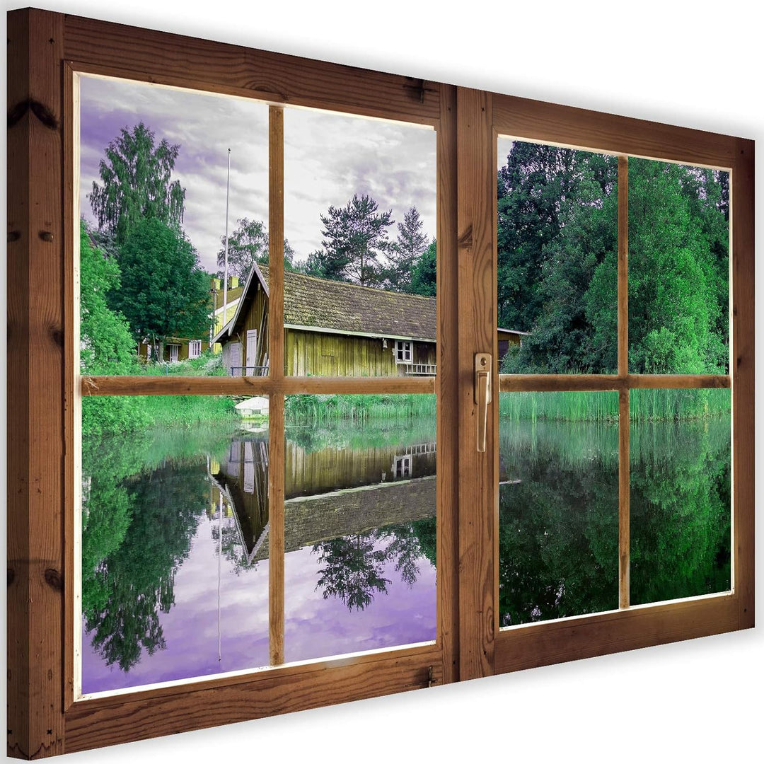 Feeby Viles - Leinwand Bilder - Fensterblick Natur- 90x60 cm- Deko Wohnzimmer - Wandbilder Schlafzim