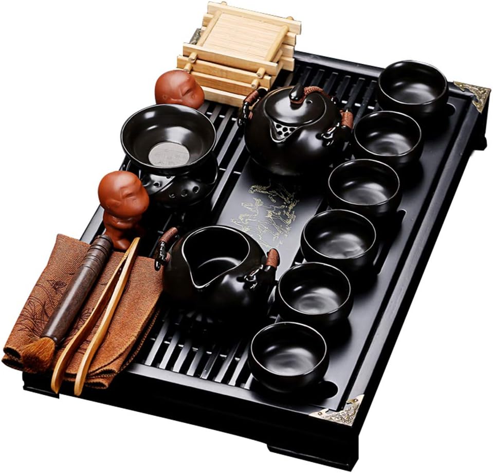 fanquare Chinesisches Kung Fu Teeset aus Schwarzer Keramik mit Teetablett und Kleinen Teewerkzeugen,
