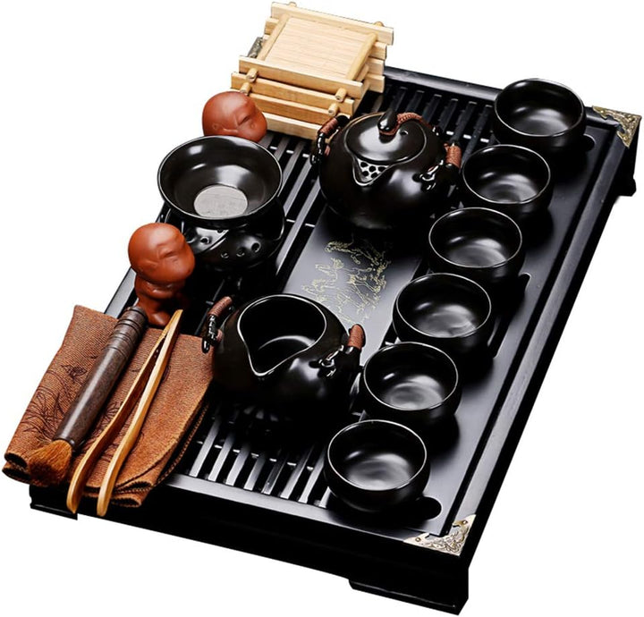 fanquare Chinesisches Kung Fu Teeset aus Schwarzer Keramik mit Teetablett und Kleinen Teewerkzeugen,