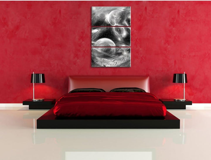 Pixxprint Raum Landschaft Kunst Kohle Effekt 3-Teiler Leinwandbild 120x80 Bild auf Leinwand