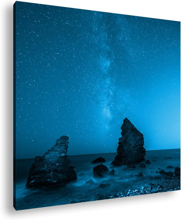deyoli atemberaubender Sternenhimmel am Meer Format: 70x70 Effekt: Monocrome Blau als Leinwandbild,