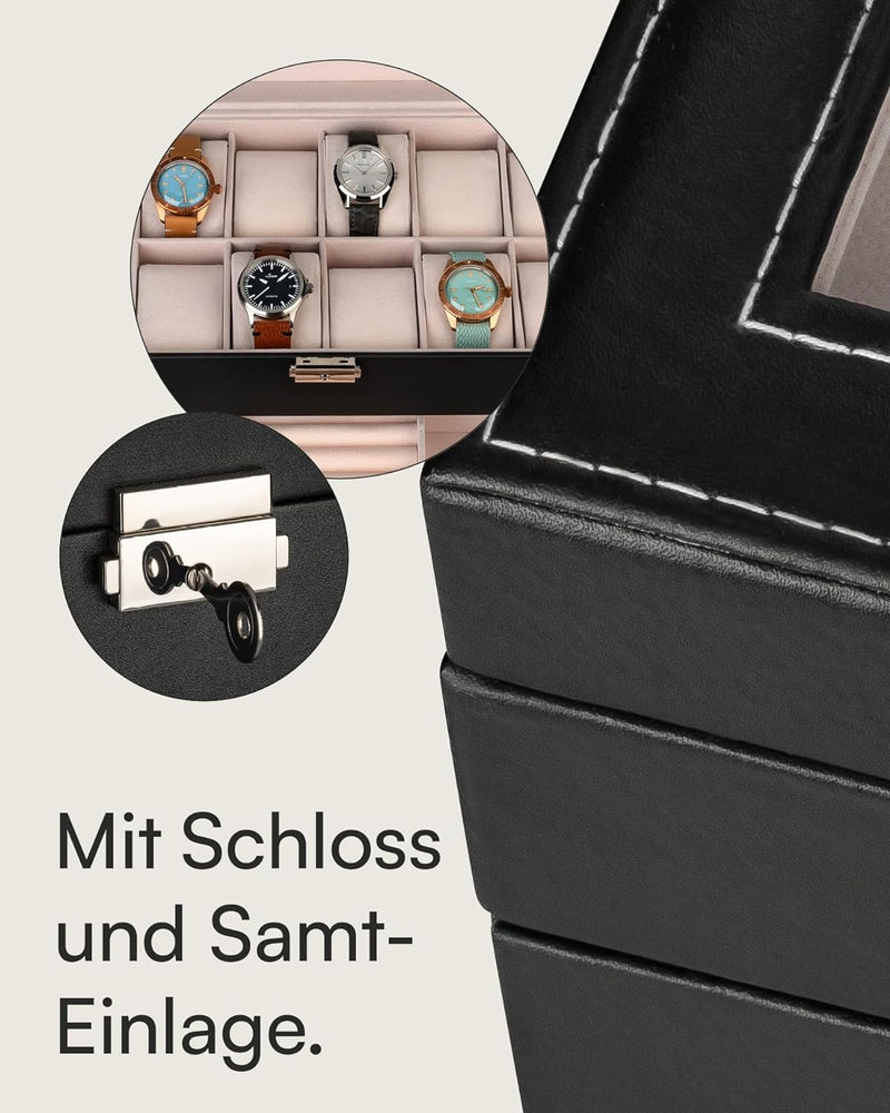 shelfmade Schmuckbox und Uhrenbox, schwarz - 12 Uhren Aufbewahrungsbox und Schmuckaufbewahrung, Aufb