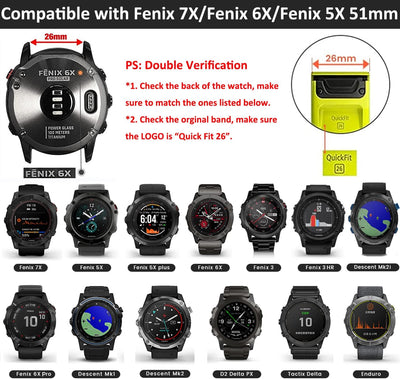 ANBEST Kompatibel mit Fenix 5X/Fenix 6X/Fenix 7X Armband, 26mm Schnellverschluss Ersatzarmband für F