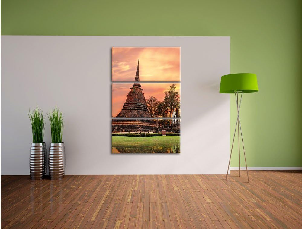 Pixxprint Buddha Tempel im Sonnenuntergang 3-Teiler Leinwandbild 120x80 Bild auf Leinwand