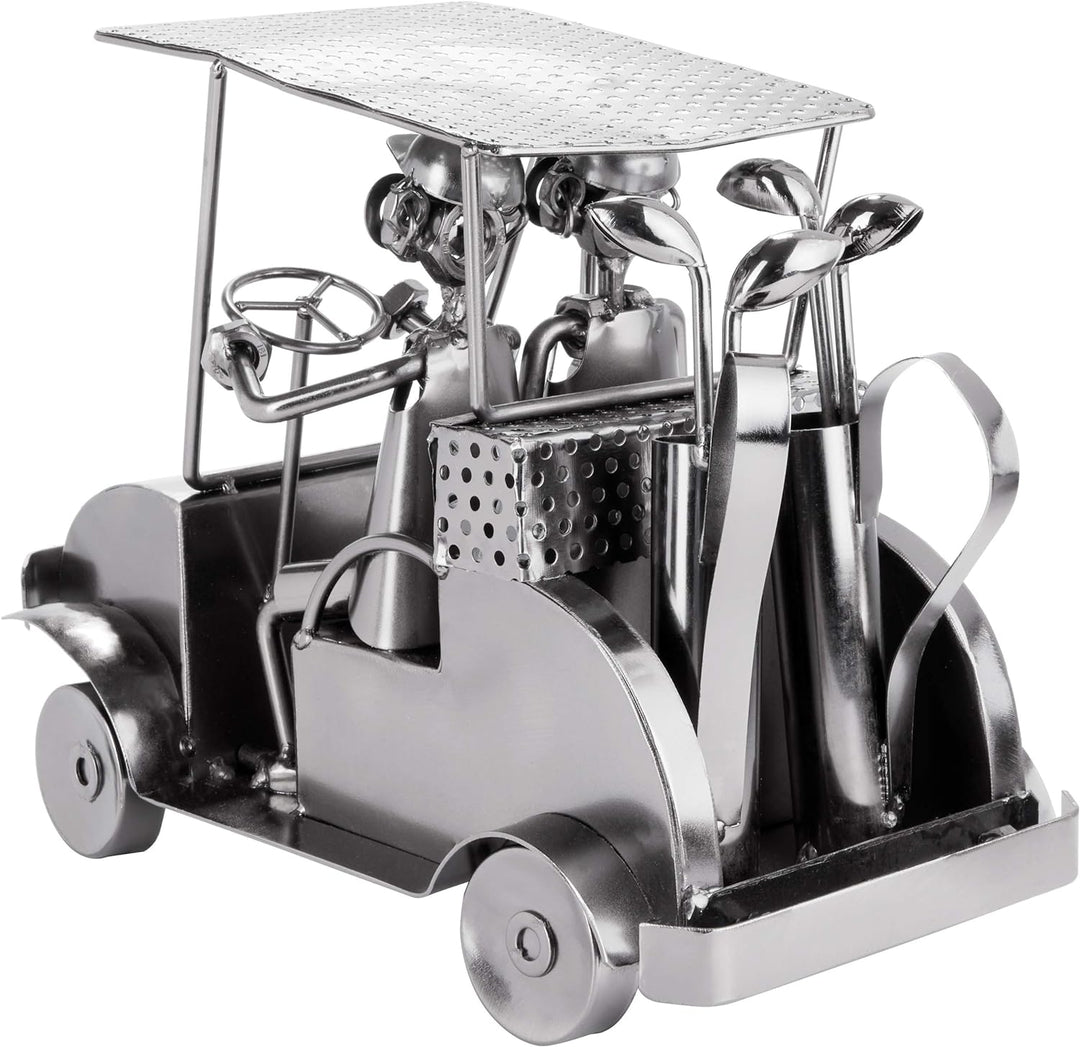 BRUBAKER Schraubenmännchen Golfcart - Handarbeit Eisenfigur Metallmännchen Golf - 24 cm Metallfigur
