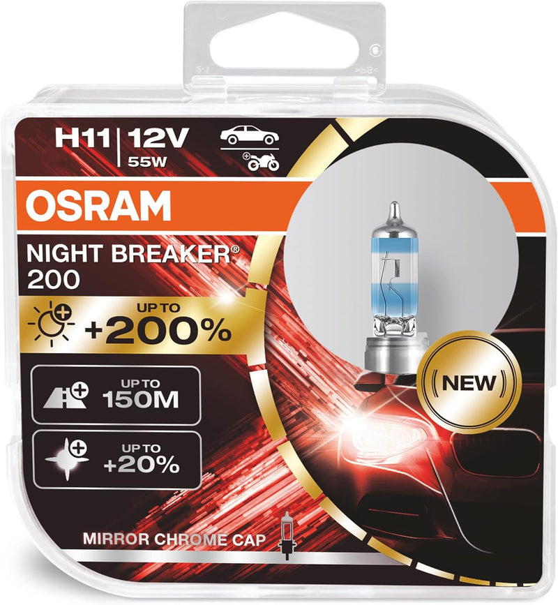 OSRAM Night Breaker H11, 200 Prozent Mehr Helligkeit, Halogen-Scheinwerferlampe, 64211Nb200-Hcb, 12V