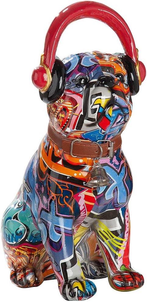 Dreamlight Moderne Skulptur Dekofigur Mops mit Kopfhörern Hund POP Art aus Kunststein Mehrfarbig 13x