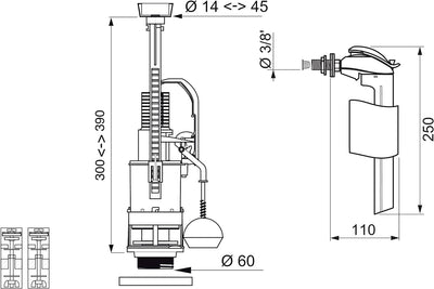 Wirquin 10720554 WC-Mechanismus, 2 Spülungen, mit seitlichem Schwimmerventil