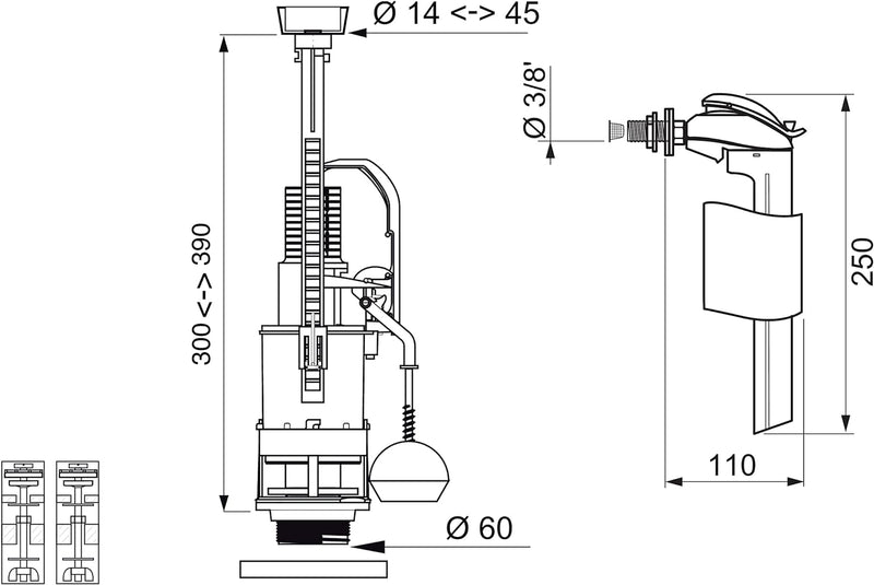 Wirquin 10720554 WC-Mechanismus, 2 Spülungen, mit seitlichem Schwimmerventil