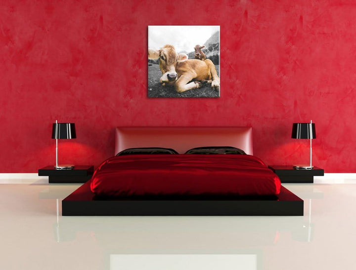 Pixxprint Almkuh in den Bergen als Leinwandbild/Grösse: 70x70 cm/Wandbild/Kunstdruck/fertig bespannt