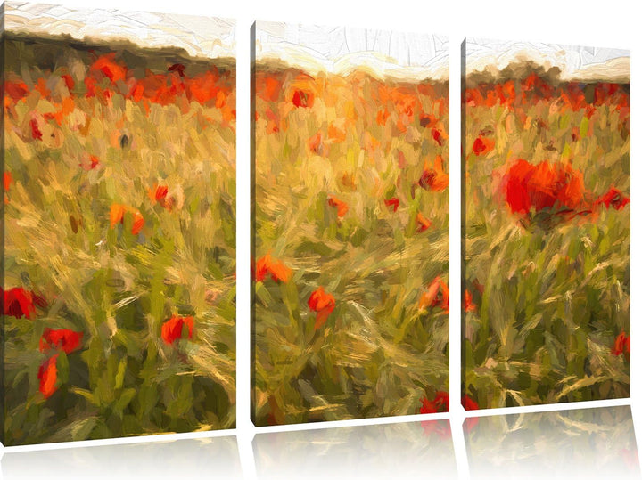 Pixxprint Mohnfeld bei Sonnenuntergang als Leinwandbild/Grösse: 3 Teilig (120x80 cm) cm/Wandbild/Kun