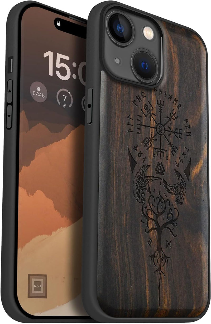 Carveit Holz Cover für iPhone 15 hülle, Kompatibel mit Magsafe Silikon Stossfeste Cover, Magnetisch