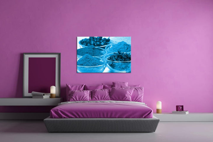 deyoli viele Gläser mit Gewürzen Format 80x60 Effekt: Monocrome Blau als Leinwandbild, Motiv fertig