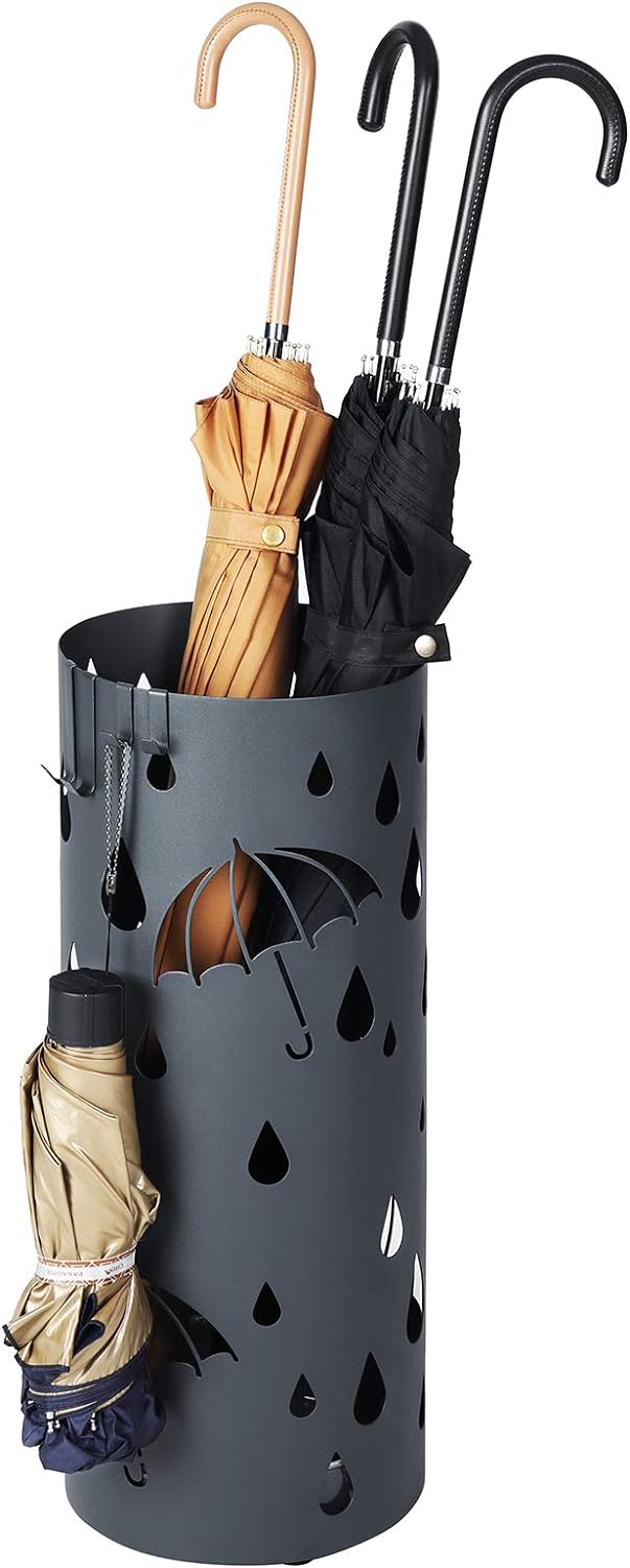 SONGMICS Regenschirmständer aus Metall, runder Schirmständer, mit Wasserauffangschale und Haken, 49