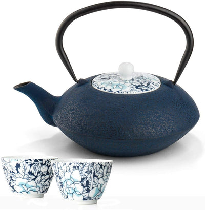 Teekanne asiatisch Gusseisen Set blau 1.2 Liter mit Edelstahl Tee-Filter-Sieb-Einsatz für losen Tee