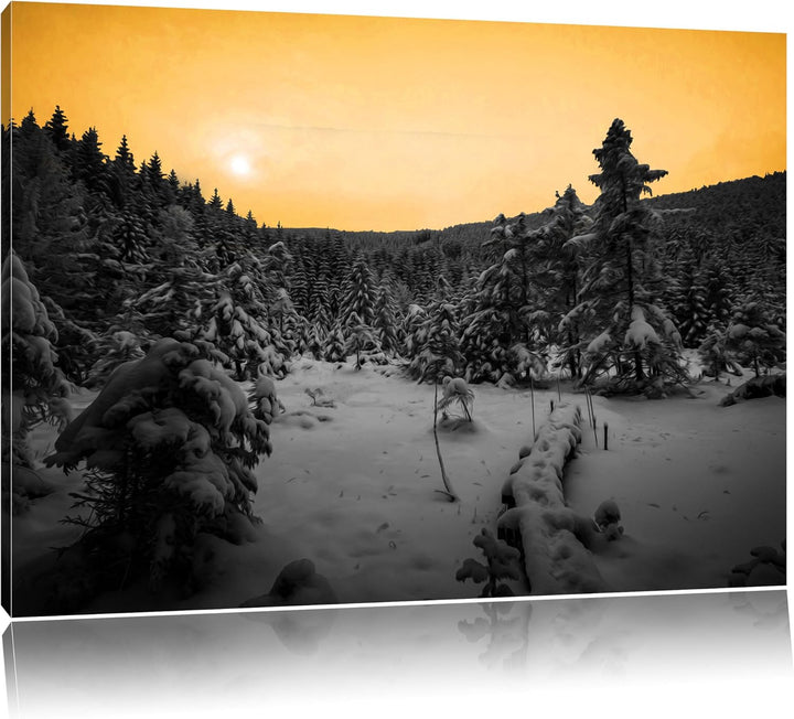 Wald im verschneiten Winter schwarz/weiss Format: 100x70 auf Leinwand, XXL riesige Bilder fertig ger