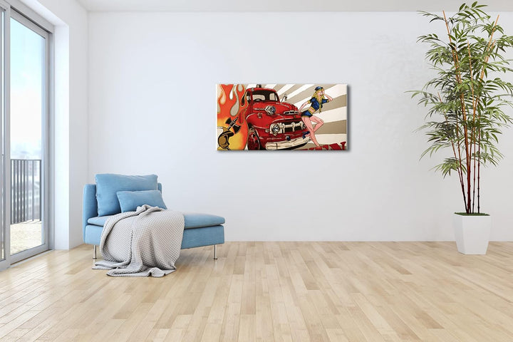 Feuerwehr Illustration Panorama 60x30 cm als Leinwandbild, Motiv fertig gerahmt auf Echtholzrahmen,